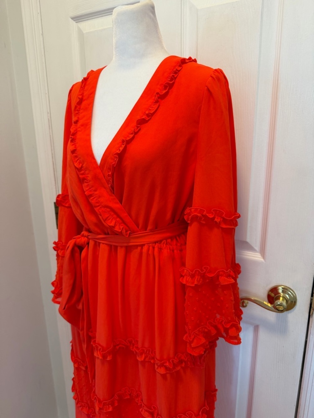 ALEXIS for Target Red Clip Dot Ruffle Tiered Midi Dress Angel Sleeve Wrap Size M - Picture 7 of 15